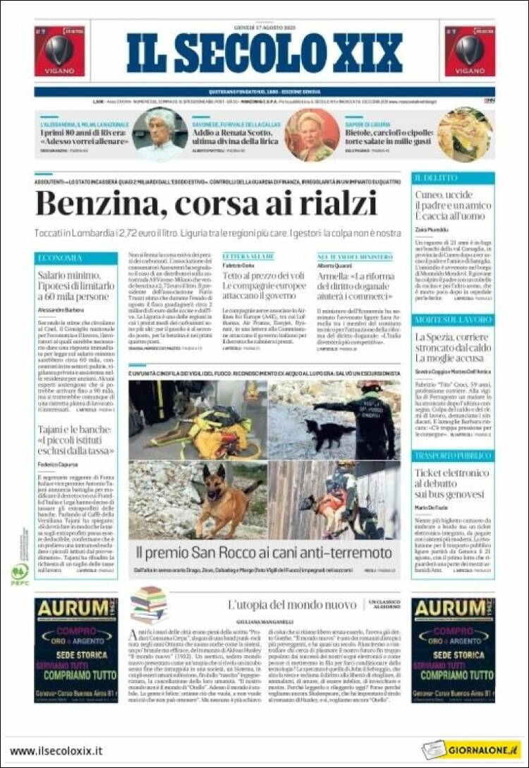 Portada de Il Secolo XIX (Italia)