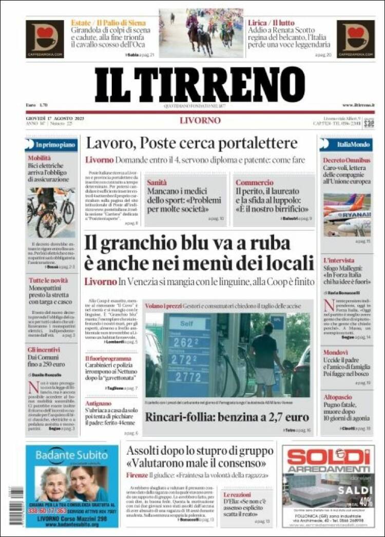 Portada de Il Tirreno (Italia)