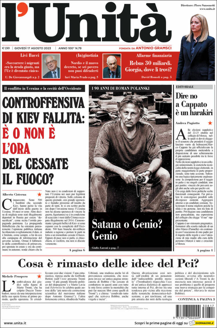 Portada de l'Unità (Italia)
