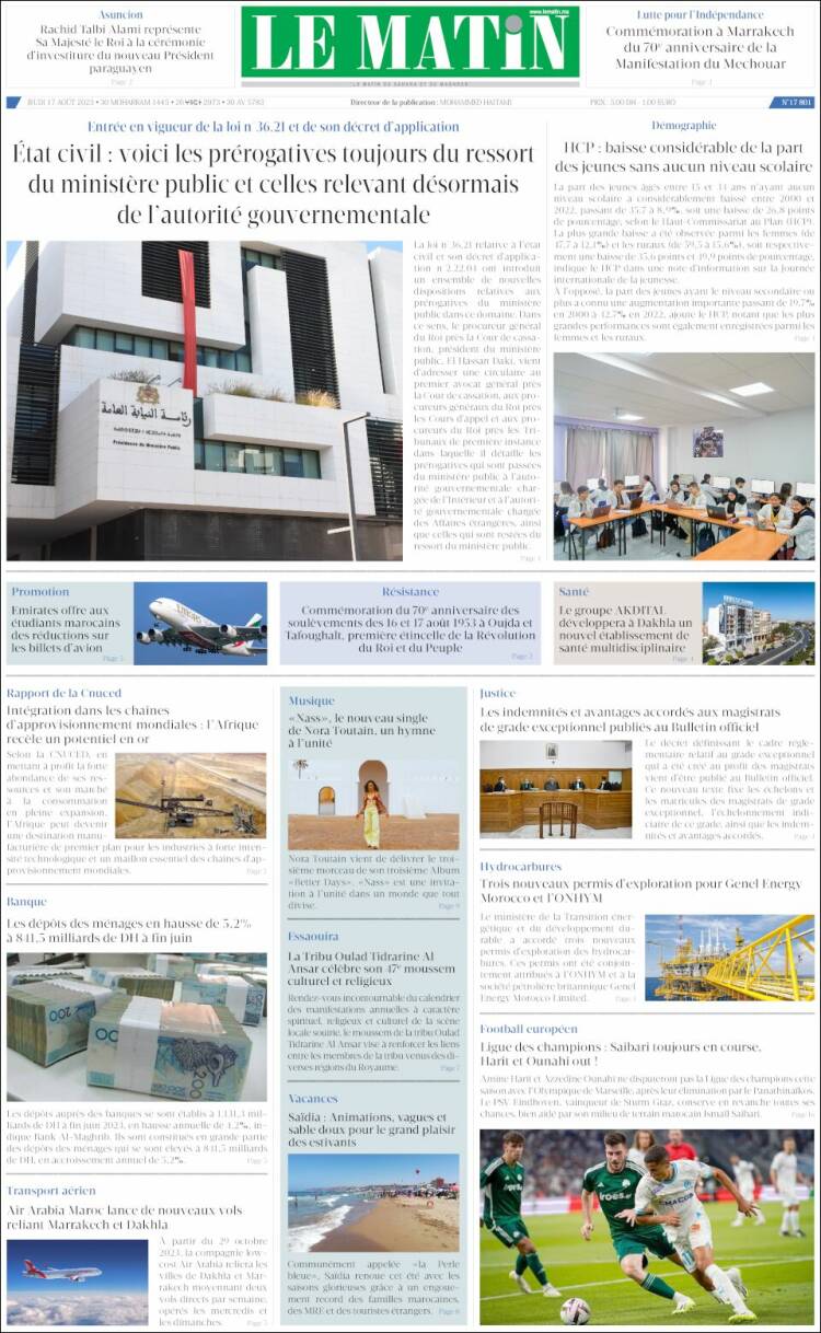 Portada de Le Matin (Marruecos)