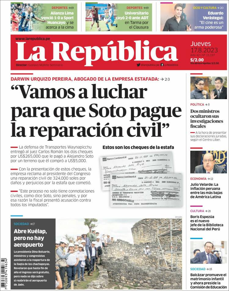 Portada de La Republica (Per&uacute;)