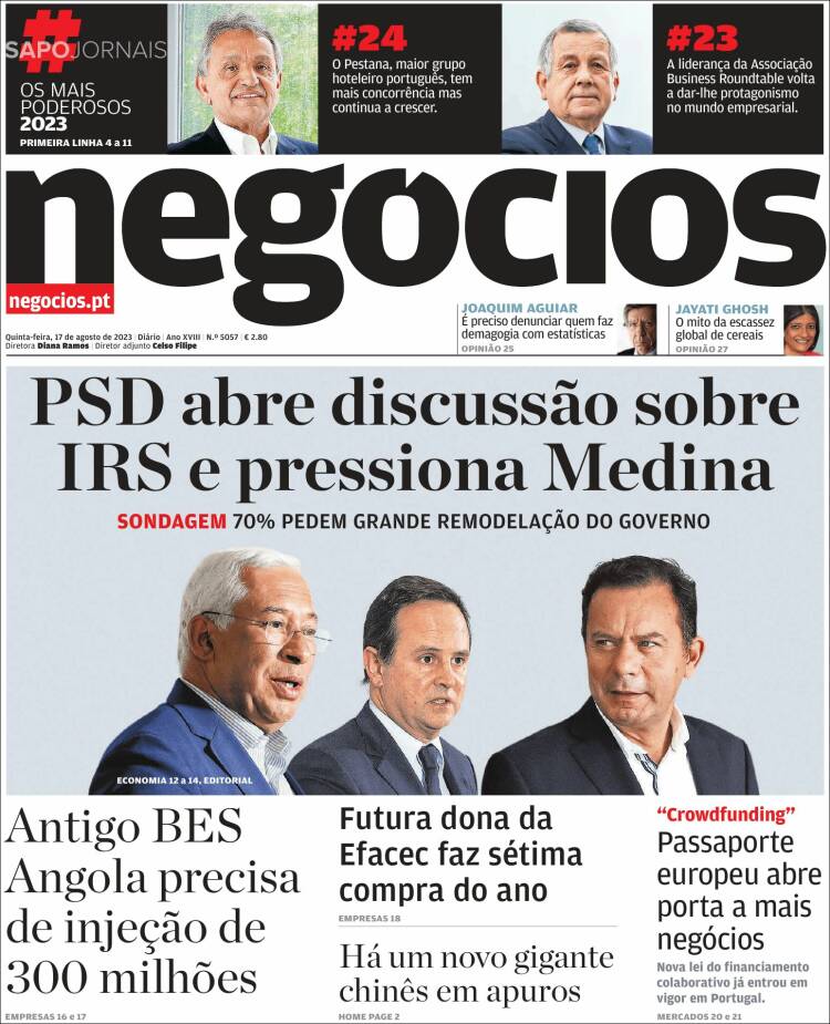 Portada de Jornal de Negócios (Portugal)