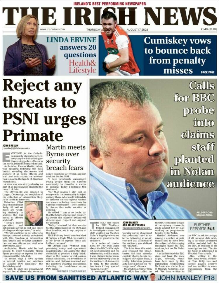 Portada de Irish News (Reino Unido)