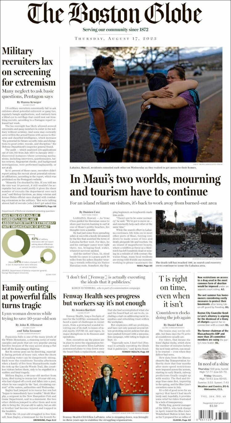 Portada de Boston Globe (USA)