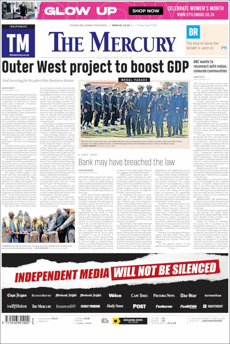 Portada de The Mercury (Sud&aacute;frica)