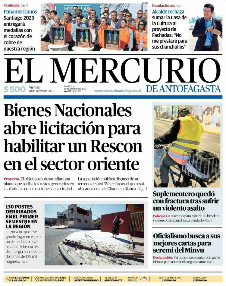 Portada de El Mercurio de Antofagasta (Chile)