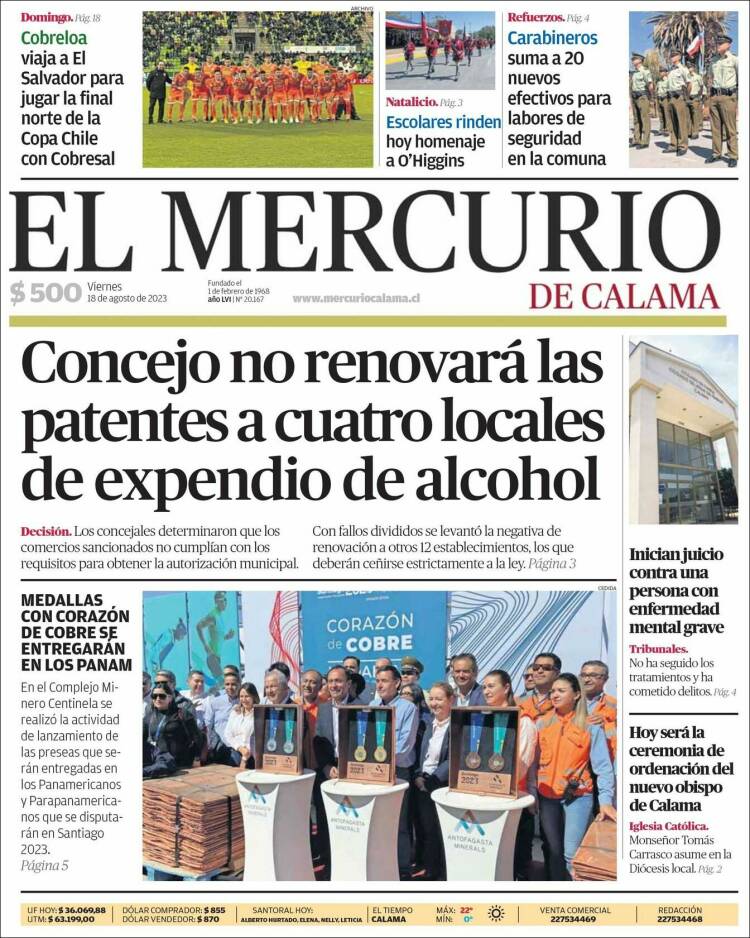 Portada de El Mercurio - Calama (Chile)