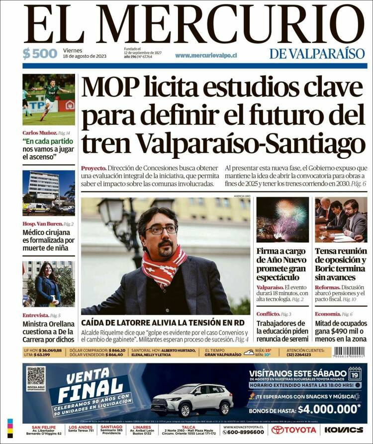 Portada de Mercurio de Valparaiso (Chile)