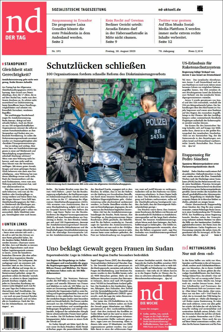 Portada de Neues Deutschland (Alemania)
