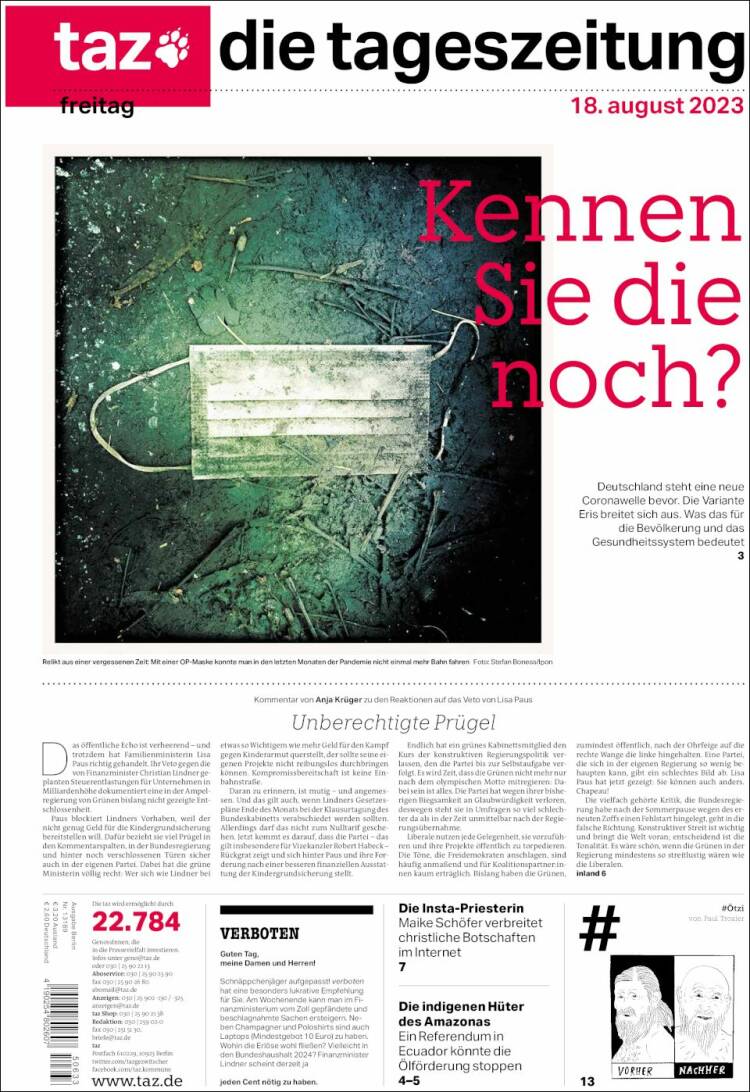 Portada de Die Tageszeitung (Alemania)