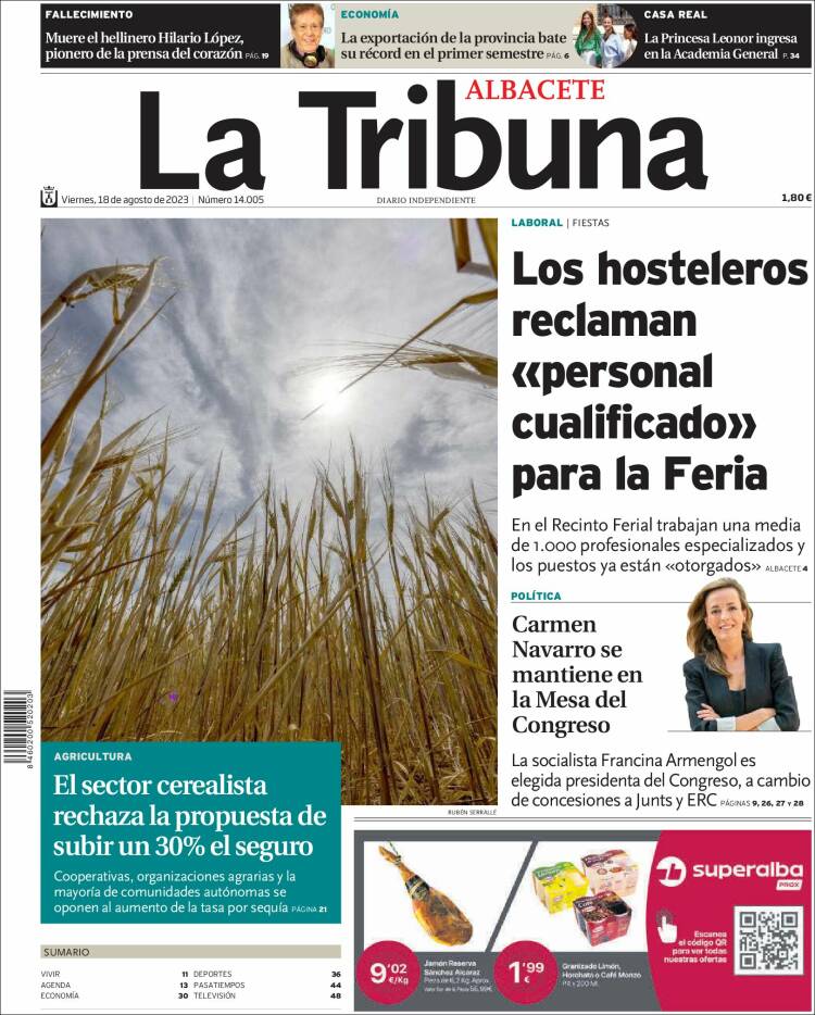 Portada de La Tribuna de Albacete (España)