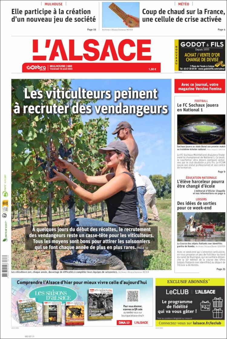 Portada de Journal L'Alsace (Francia)
