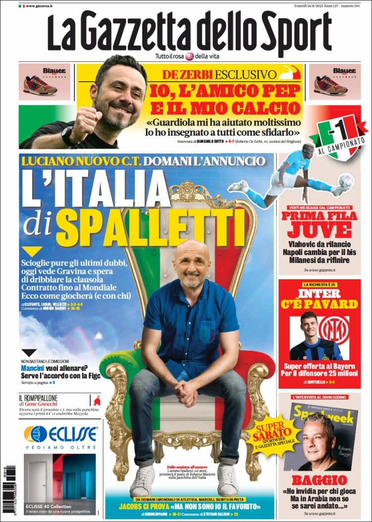 Portada de La Gazzetta dello Sport (Italie)