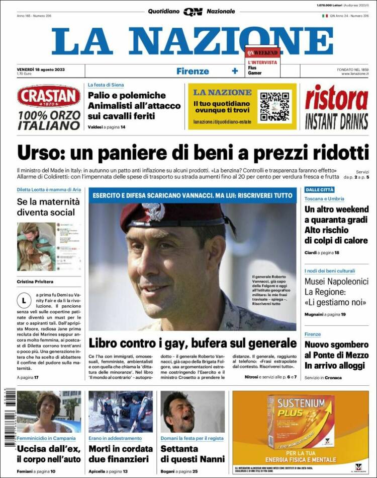 Portada de La Nazione (Italia)