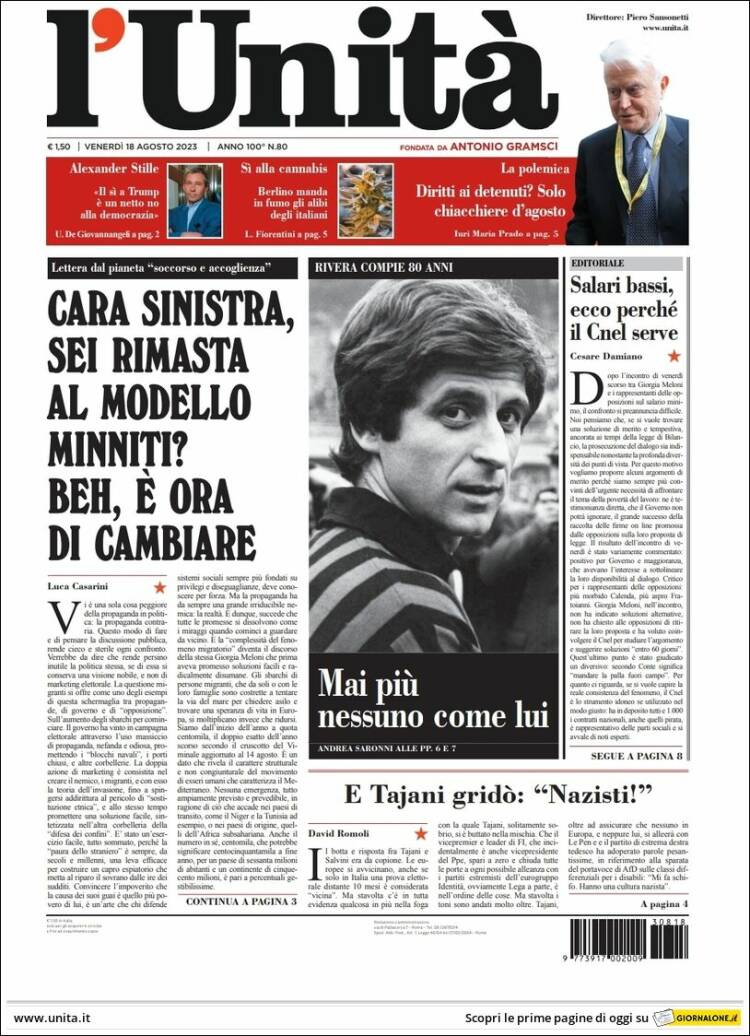Portada de l'Unità (Italie)