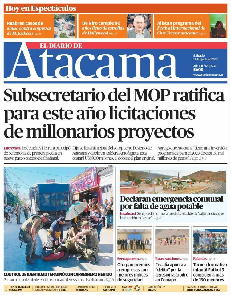 Portada de Diario de Atacama (Chile)