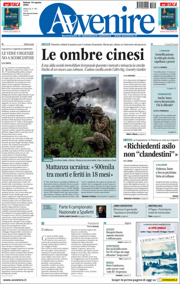 Portada de Avvenire (Italia)