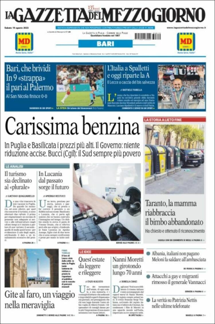 Portada de La Gazzetta del Mezzogiorno (Italia)