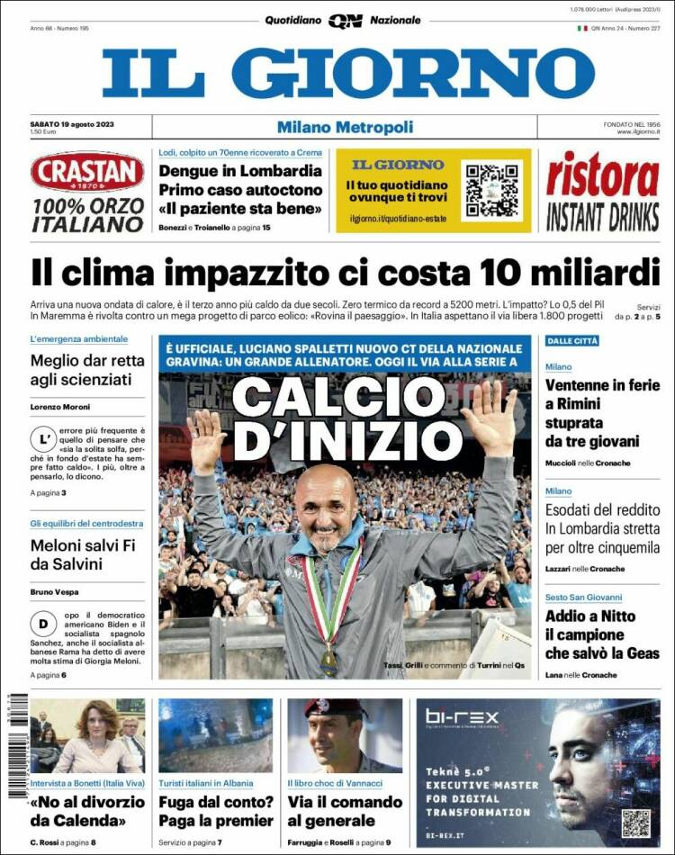 Portada de Il Giorno (Italia)