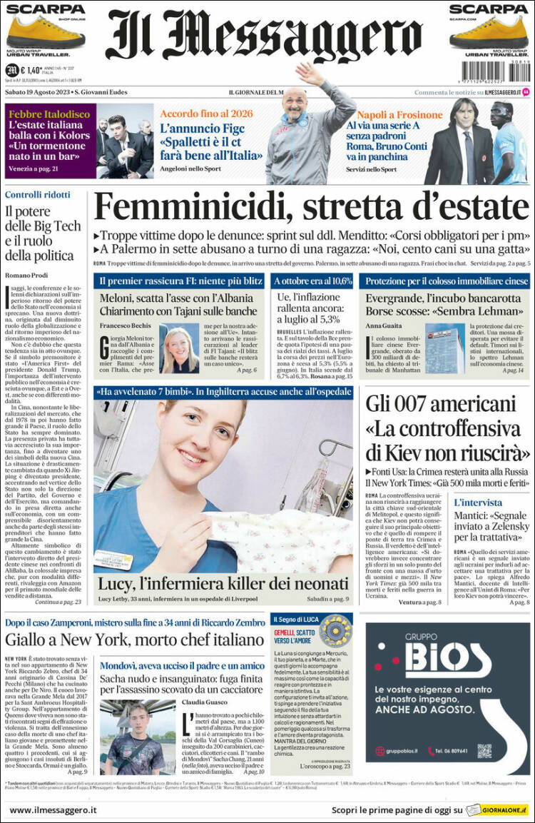 Portada de Il Messaggero (Italia)
