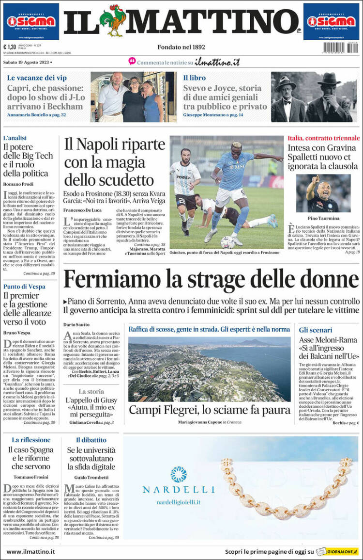 Portada de Il Mattino (Italia)