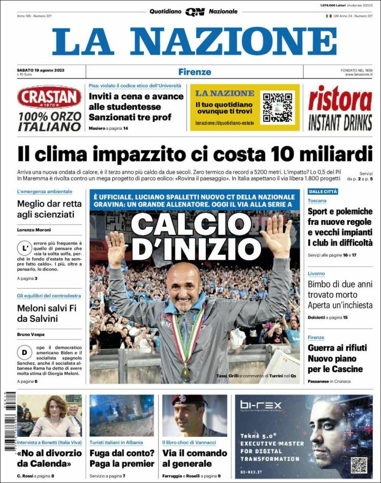 Portada de La Nazione (Italia)