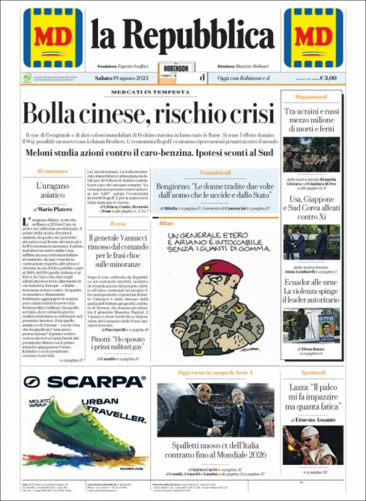 Portada de La Repubblica (Italia)