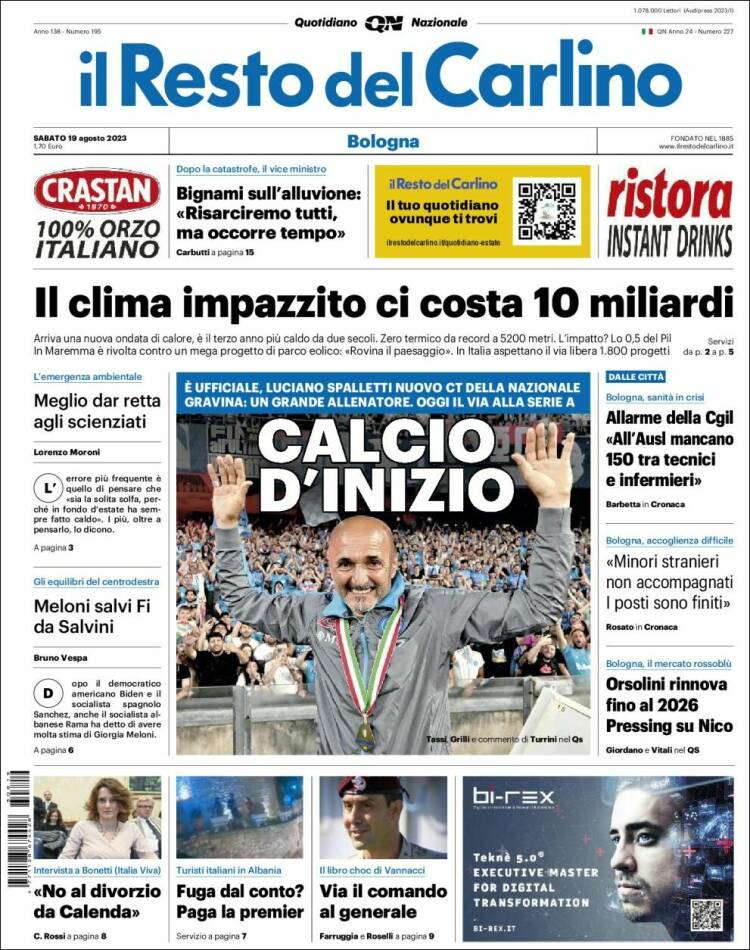 Portada de Il Resto del Carlino (Italia)
