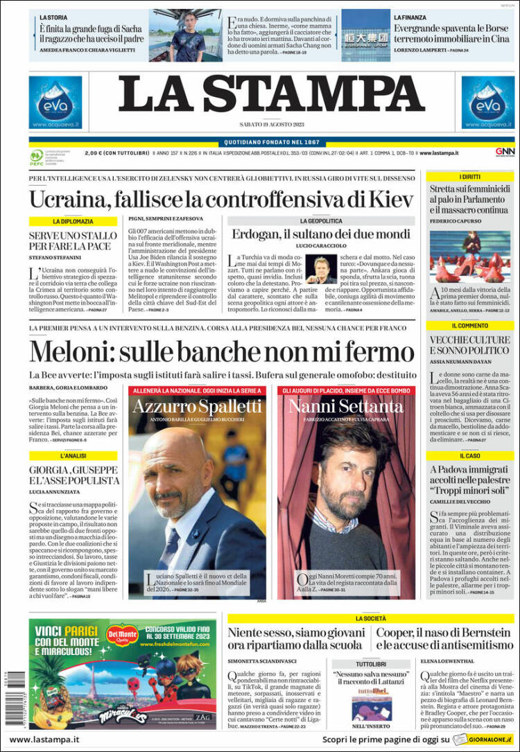 Portada de La Stampa (Italia)