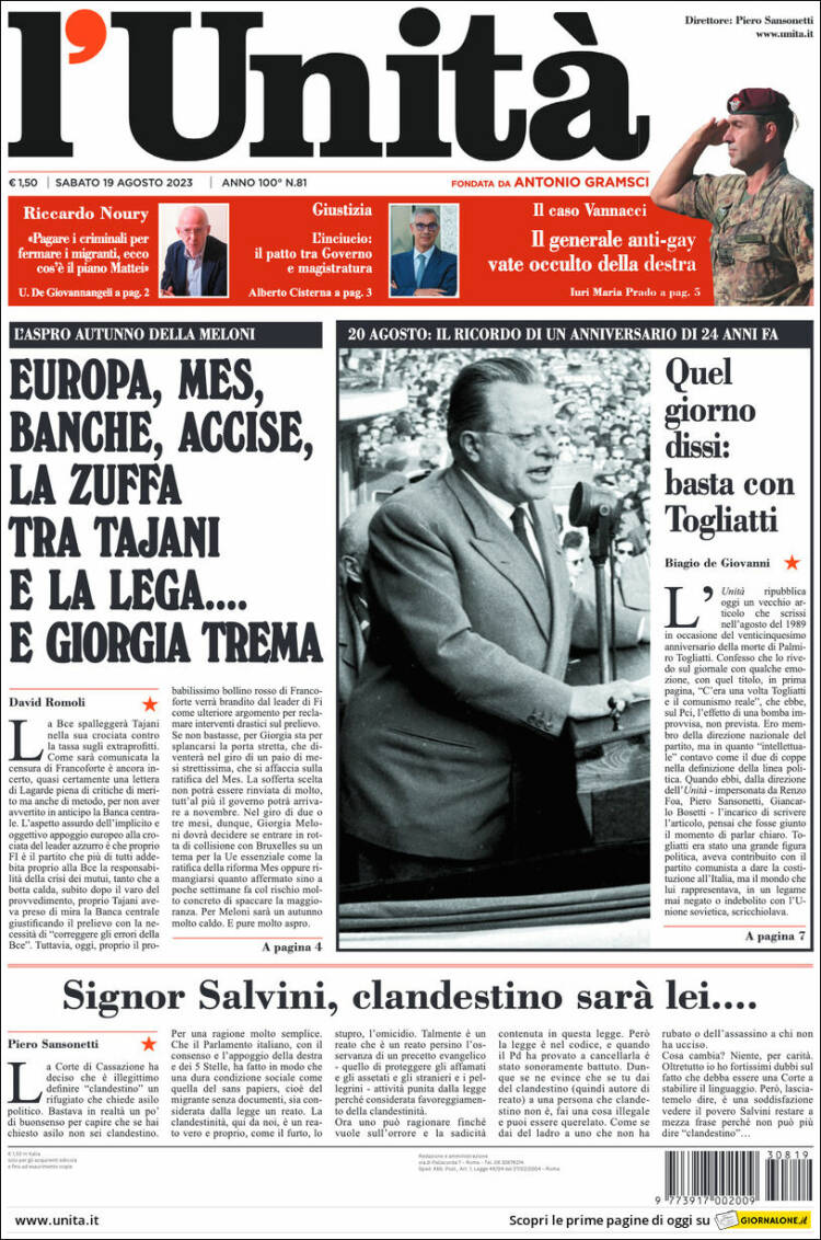 Portada de l'Unità (Italia)