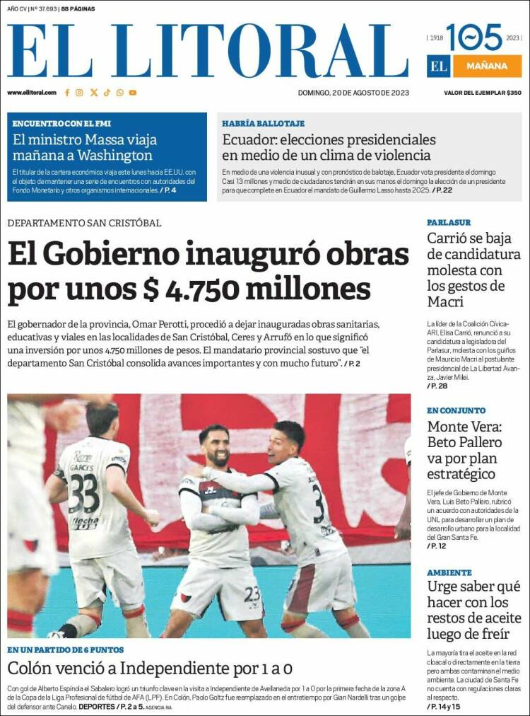 Portada de Diario El Litoral (Argentina)