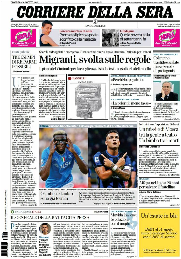 Portada de Corriere della Sera (Italia)