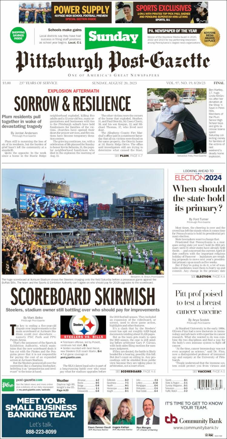 Portada de Pittsburgh Post-Gazette (USA)