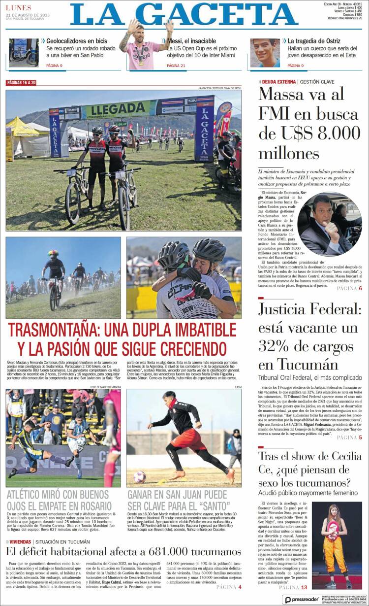 Portada de La Gaceta (Argentina)
