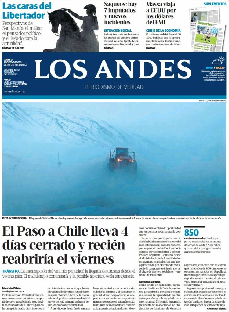 Portada de Los Andes - Mendoza (Argentina)