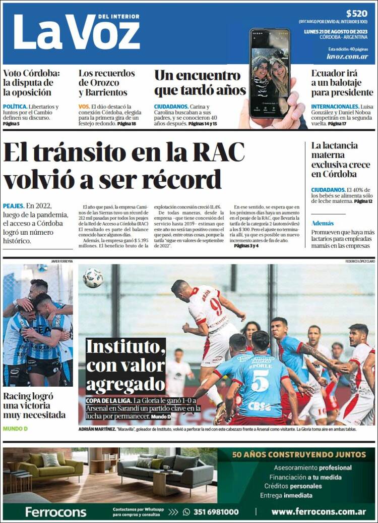 Portada de La Voz del Interior (Argentina)