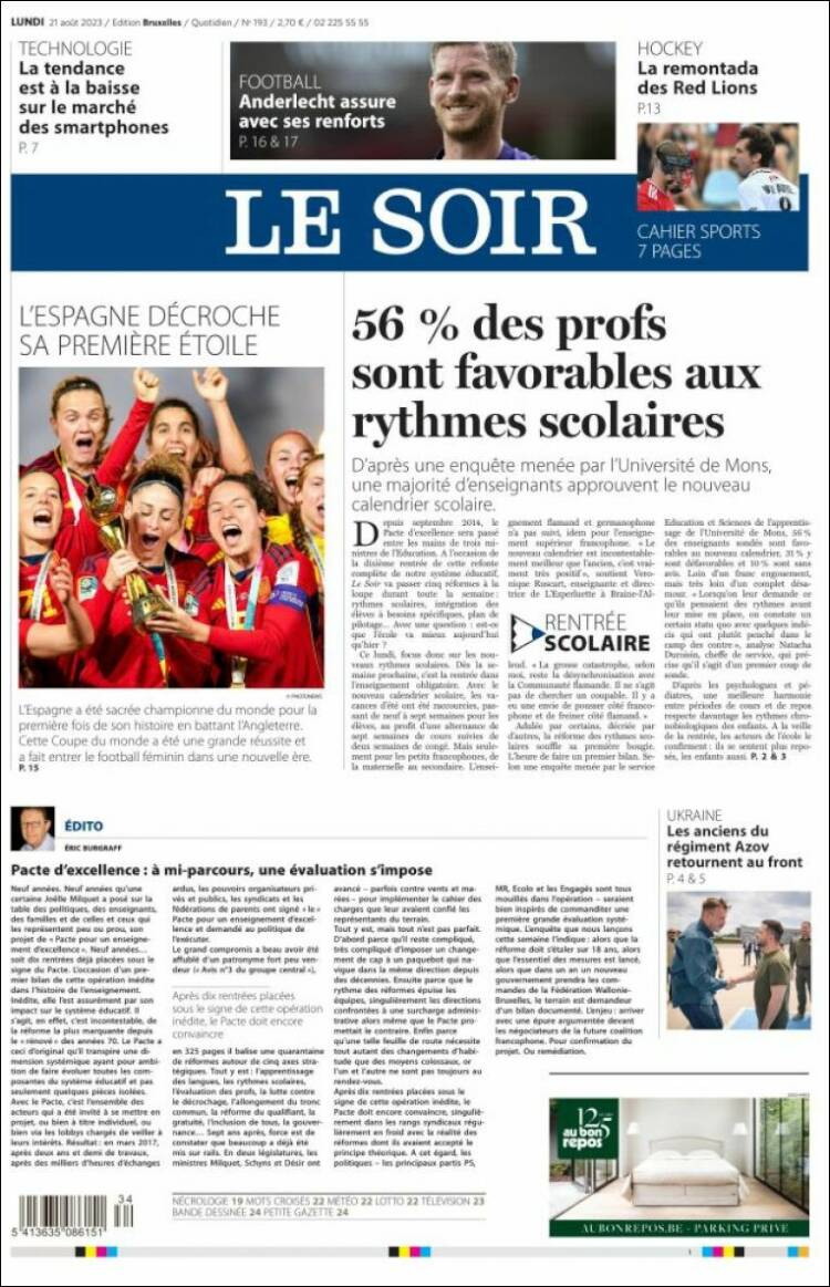 Portada de Le Soir (B&eacute;lgica)