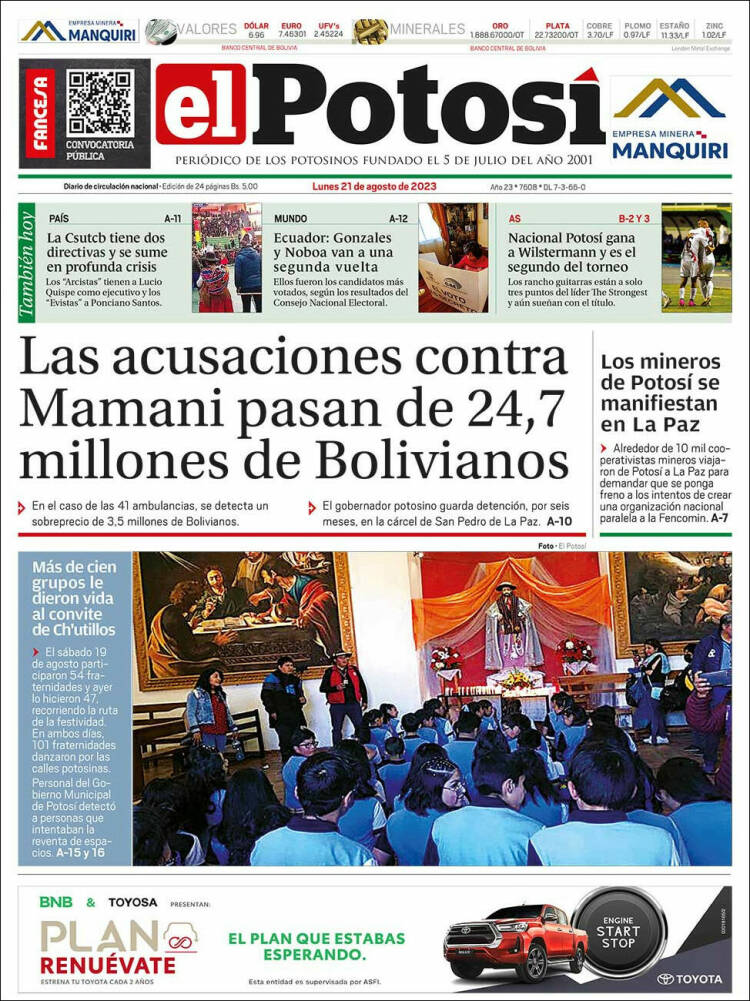 Portada de Diario de Potosí (Bolivia)