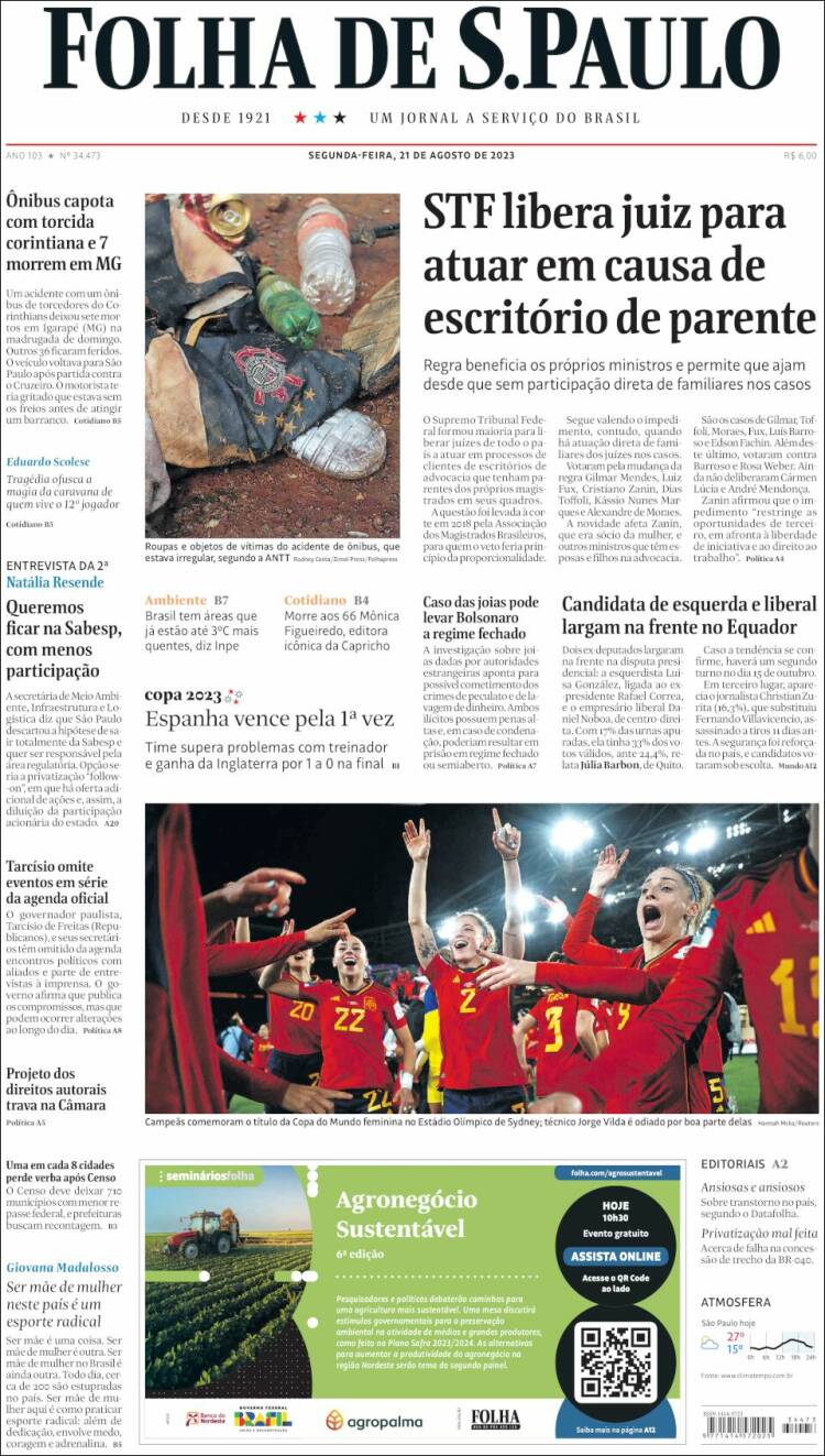 Portada de Folha de São Paulo (Brasil)