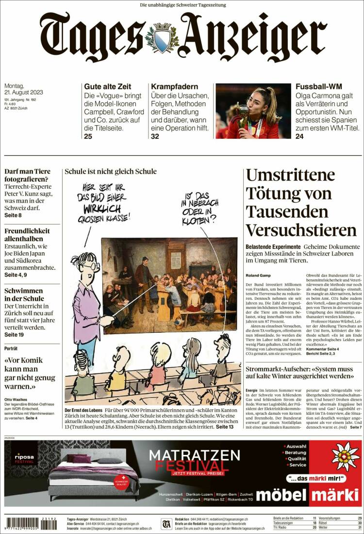 Portada de Tages-Anzeiger (Suiza)