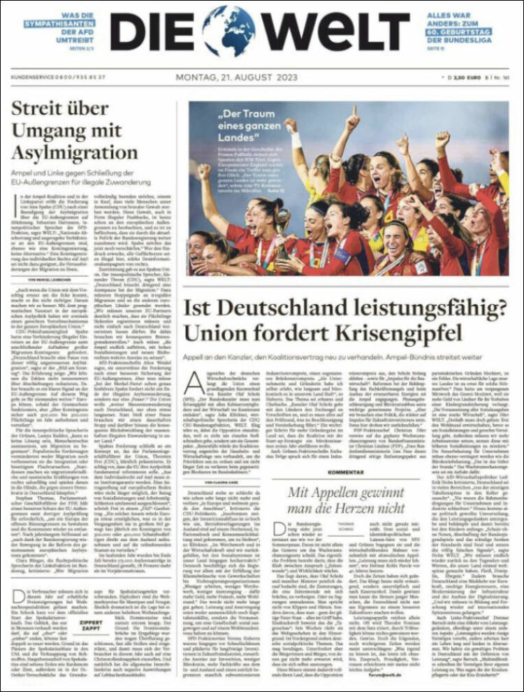 Portada de Die Welt (Alemania)