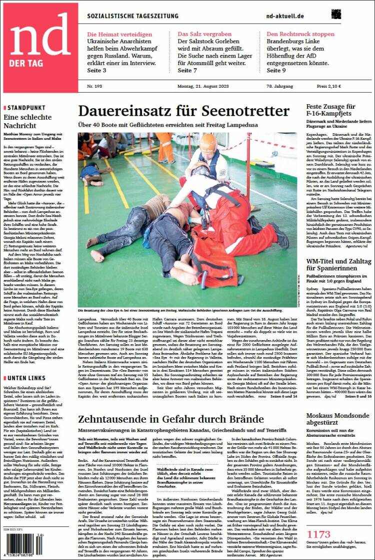 Portada de Neues Deutschland (Alemania)