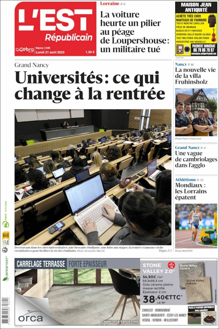 Portada de L'Est Republicain (Francia)