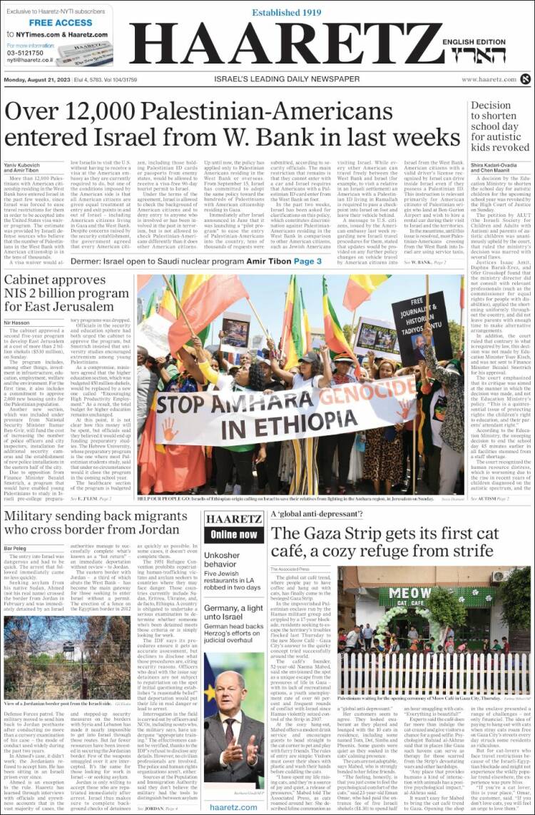 Portada de Haaretz (Israel)