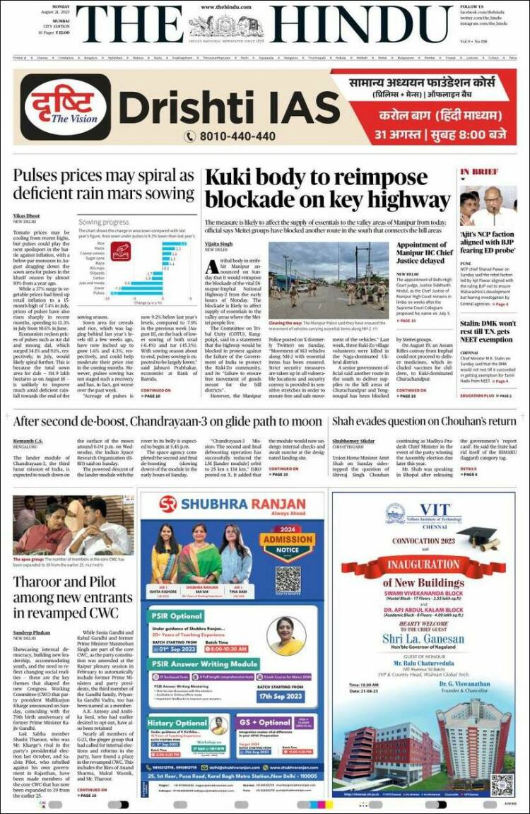 Portada de The Hindu (India)
