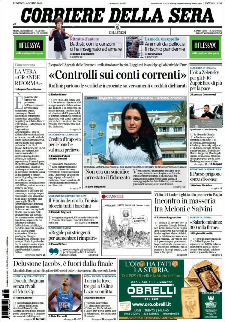 Portada de Corriere della Sera (Italia)