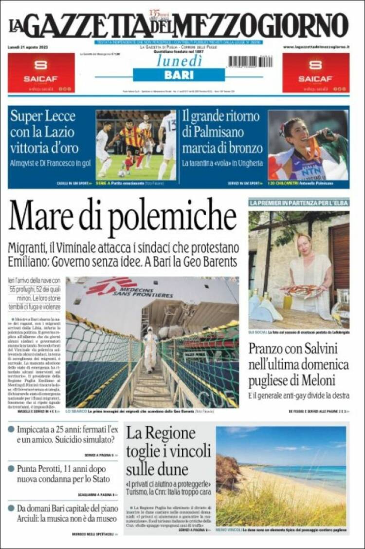 Portada de La Gazzetta del Mezzogiorno (Italia)