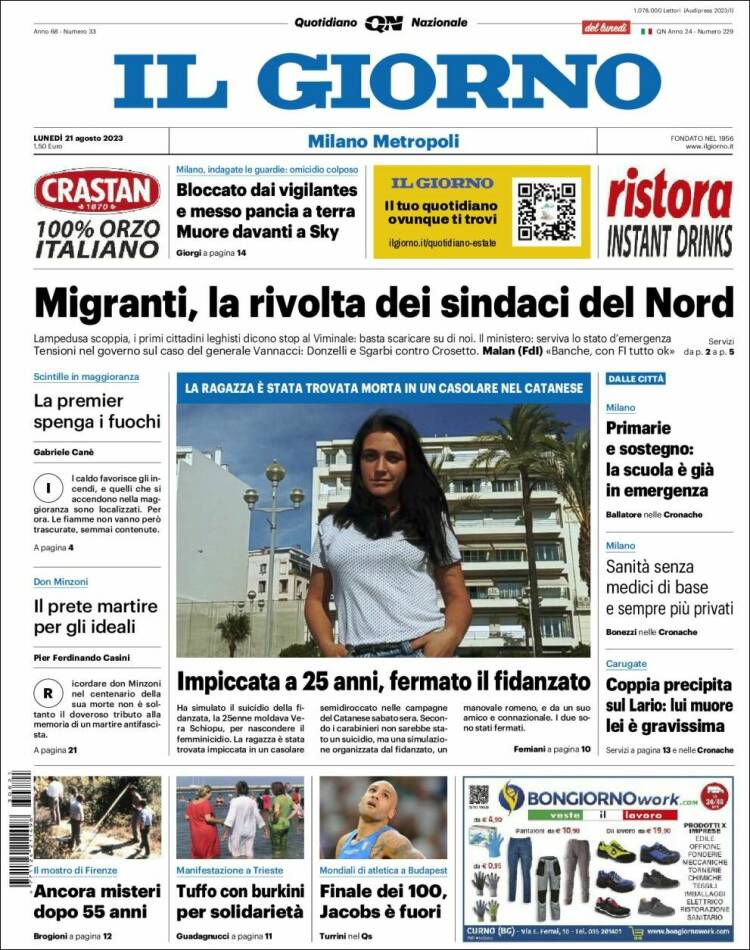 Portada de Il Giorno (Italia)