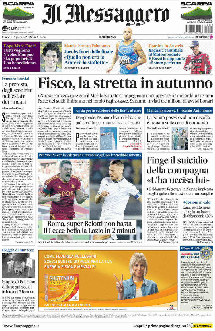 Portada de Il Messaggero (Italia)