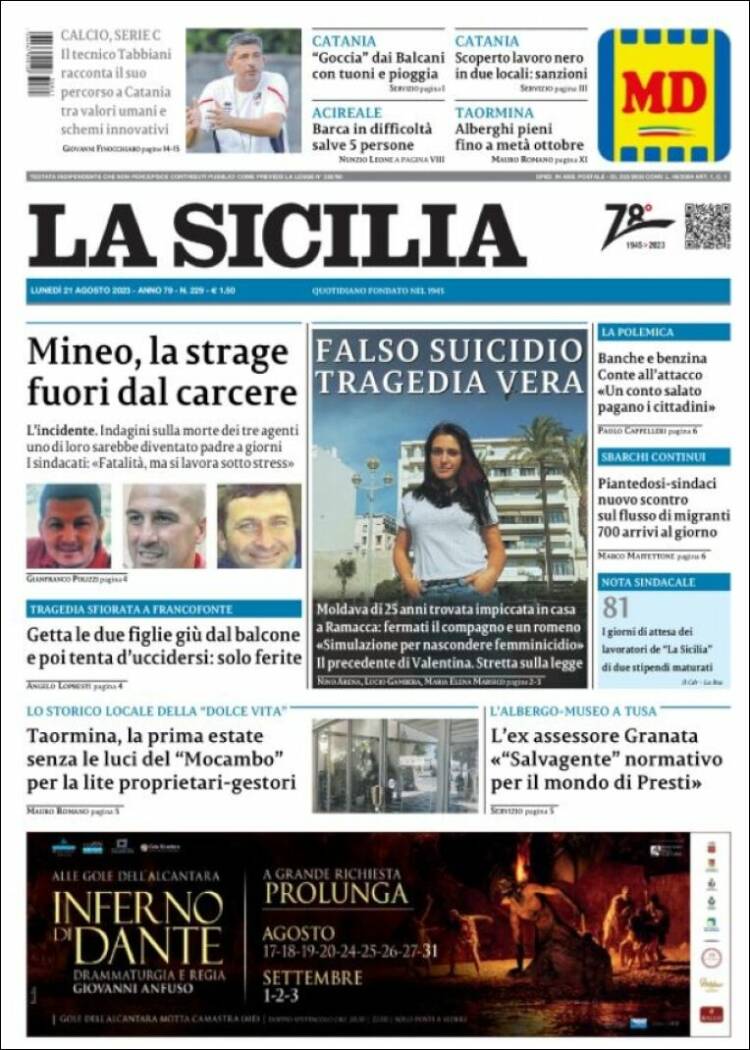 Portada de La Sicilia (Italia)